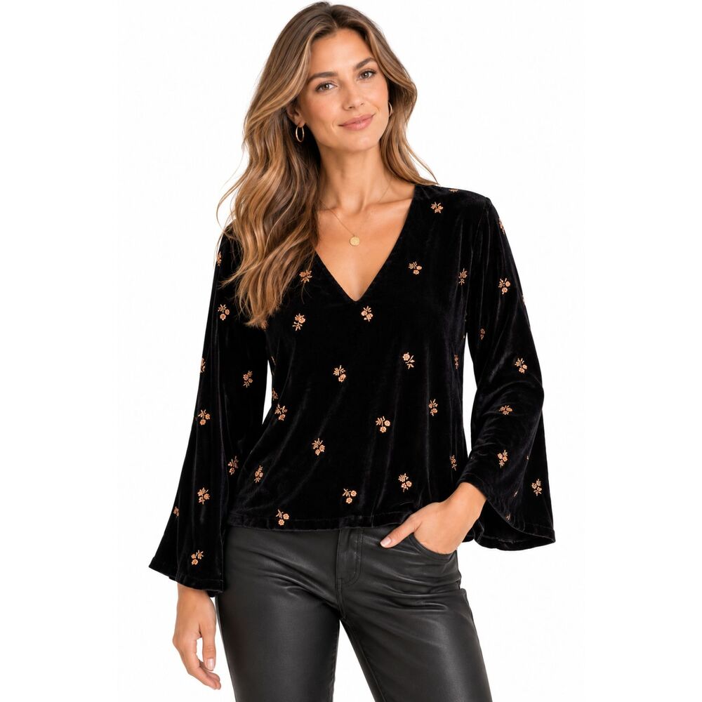 Sézane Shiny Blouse Black Copper Embroidered Velvet NWT FR 40 US 8